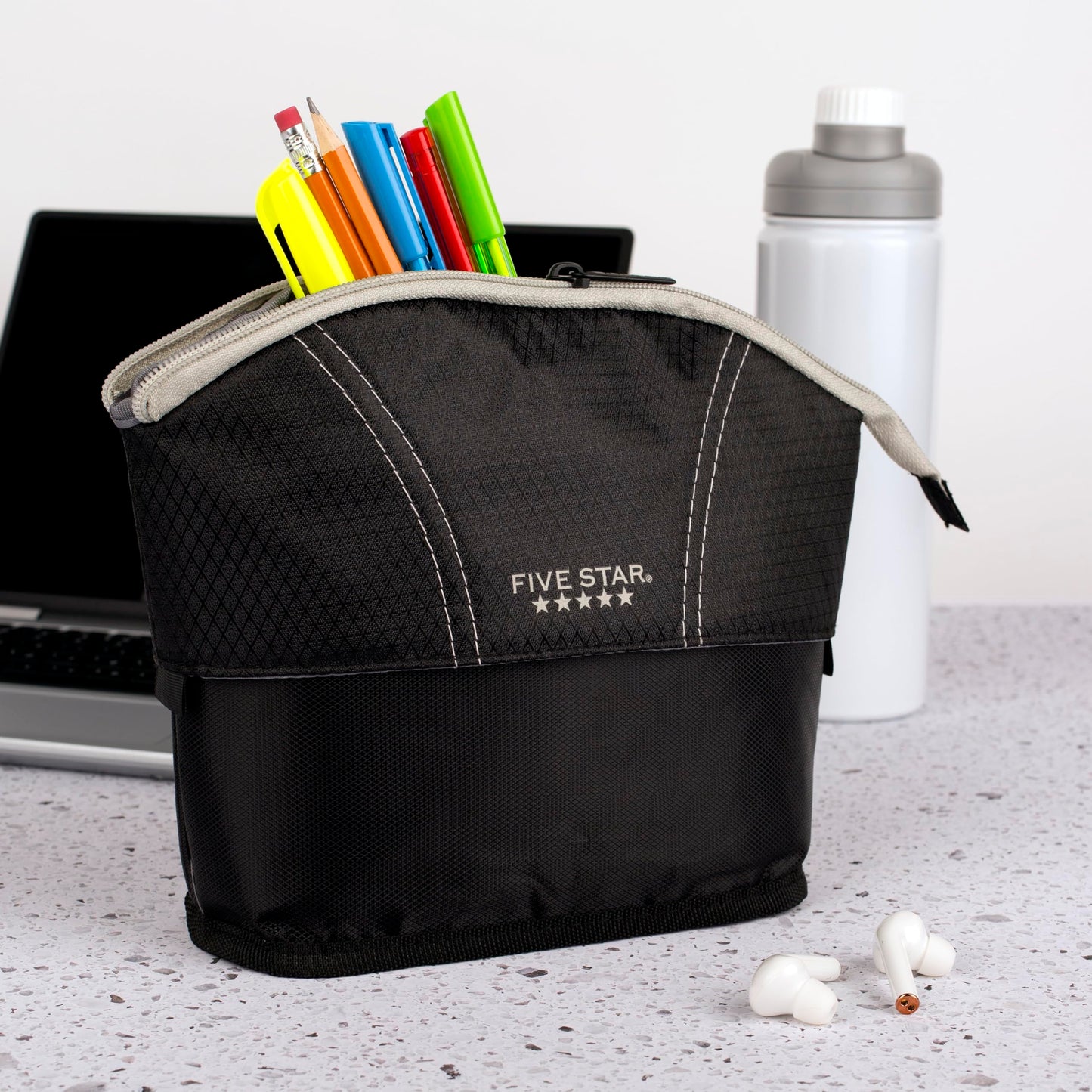 Five Star Pencil Pouch, Pen Case, Quick View Expandable Zipper Pouch, Storage Organizer for School Supplies Earbuds Chargers Cables Makeup, Black/Grey (507610A-ECM)