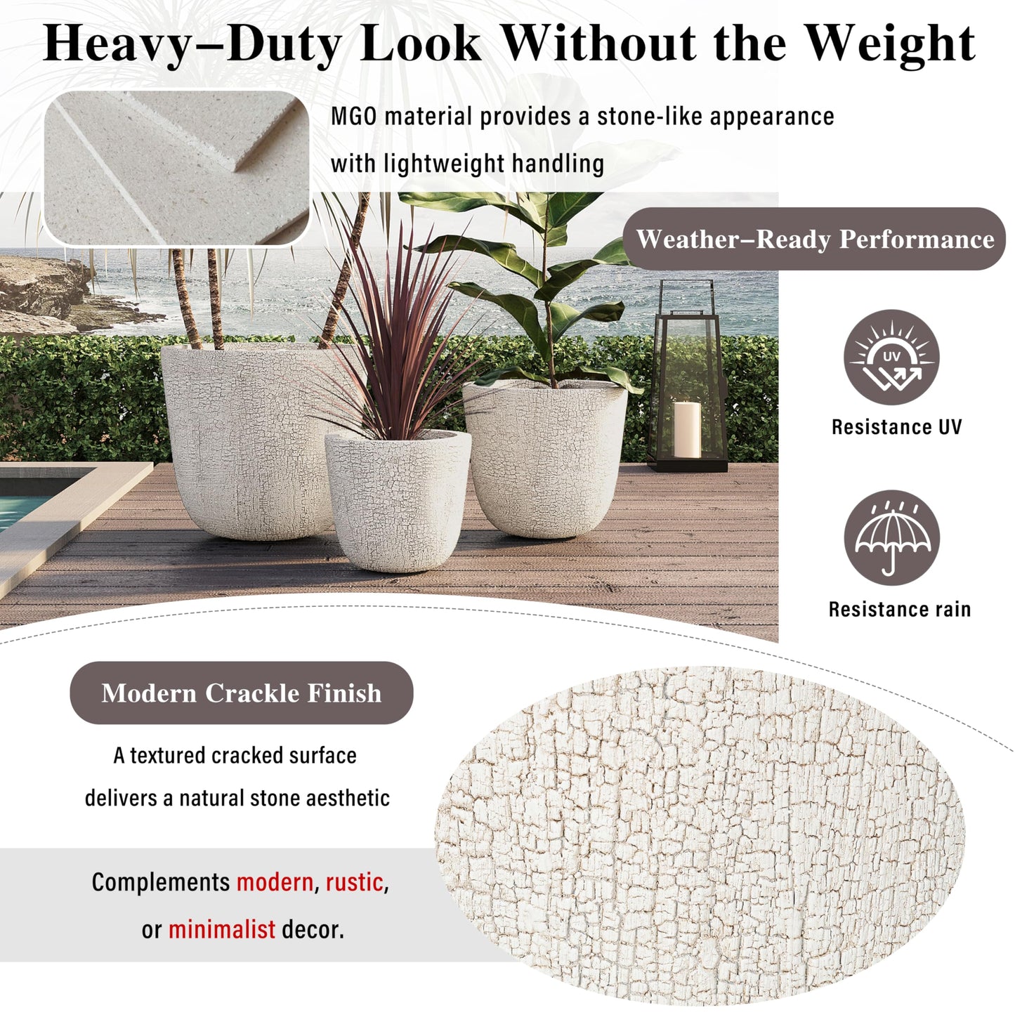 Merax Indoor Outdoor Plant Pots with Drainage Holes and Rubber Plug– Set of 3,Large Lightweight MGO Flower Pots (16.9/13.7/11 Inch) – Modern Planters for Indoor Plants, Room & Office Décor,Beige