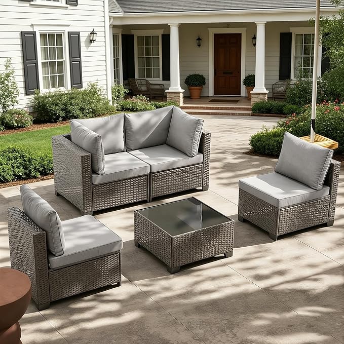 MOCHITO 5 Pieces Outdoor Patio Furniture Sets, All-Weather Sectional Sofa Dark
