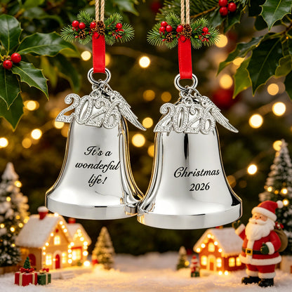 FKOG Silver 2026 Christmas Bell & Sleigh Bell Ornament with Angel Wings Wedding Anniversary Newlywed Married Memories Decoration Gifts (2026 Christmas Bell and Sleigh Bell)