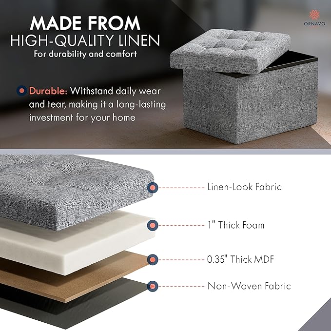 Ornavo Home Small Storage Ottoman, Foldable Collapsible Rectangle Linen Ottoman