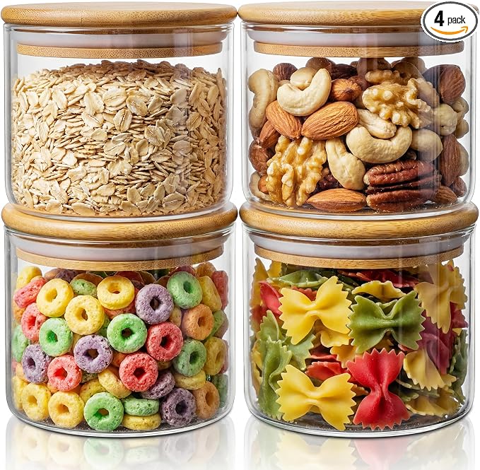 HomArtist 17oz - 4 Pack Glass Jars with Bamboo Lids, Glass Food Storage Containers with Airtight Lids, Air Tight Pantry Storage Containers for Coffee, Sugar, Spice, Meal Prep Jars for Salad & Fruit