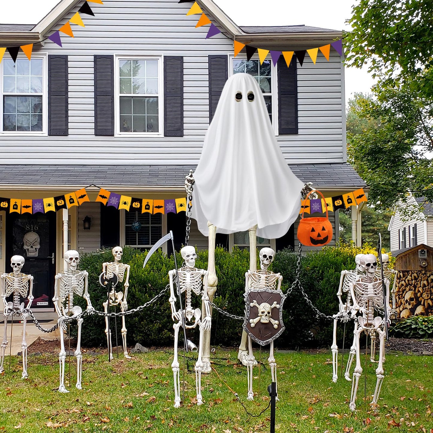 Cozypower 12 ft Skeleton Costume Accessories, Halloween Skeleton Ghost Outfit Set, Includes White Ghost Clothing and Pumpkin Basket for Giant Sized Halloween Garden Outdoor Decor