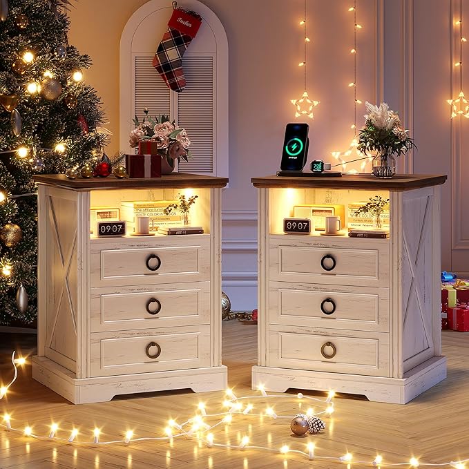 Nightstand Set 2 with Charging Station, Farmhouse End Side Table with 3 Drawers