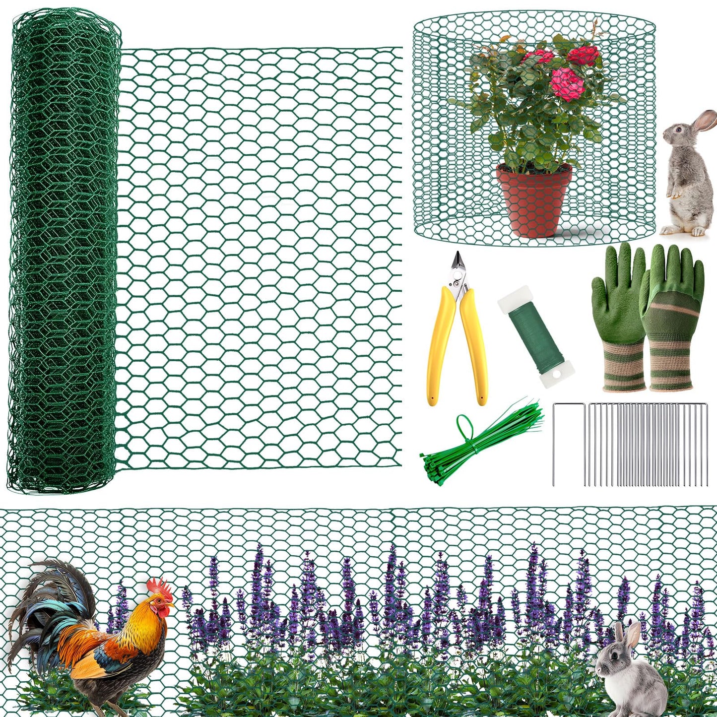 All-in-One 200 Inch Plant Protectors from Animals Kit - 0.85mm Heavy Duty Chicken Wire Cloche,Free-Cut Wire Mesh Roll Includes Pliers, Gloves, Ties, Stakes for Custom Outdoor Cages (16 * 200 Inch)