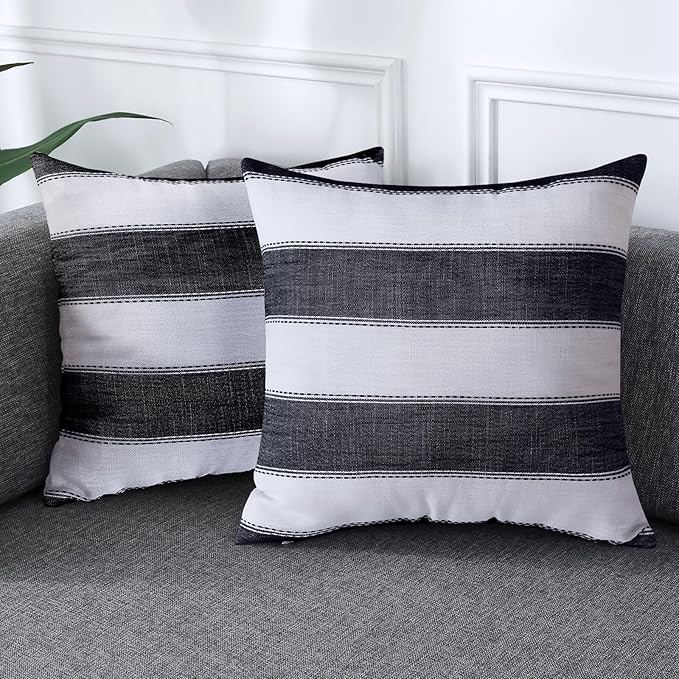 AmHoo Pack of 2 Farmhouse Stripe Check Throw Pillow Covers Set Case Cotton