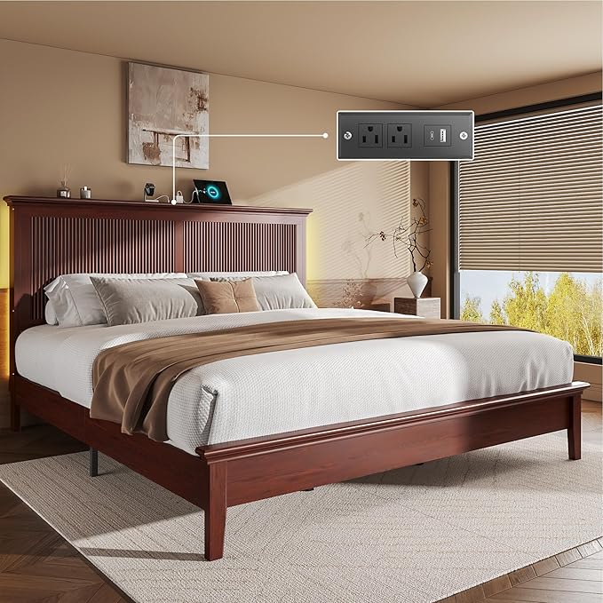 Lifezone King Bed Frame with Headboard, Solid Wood Bed Frame King Size with