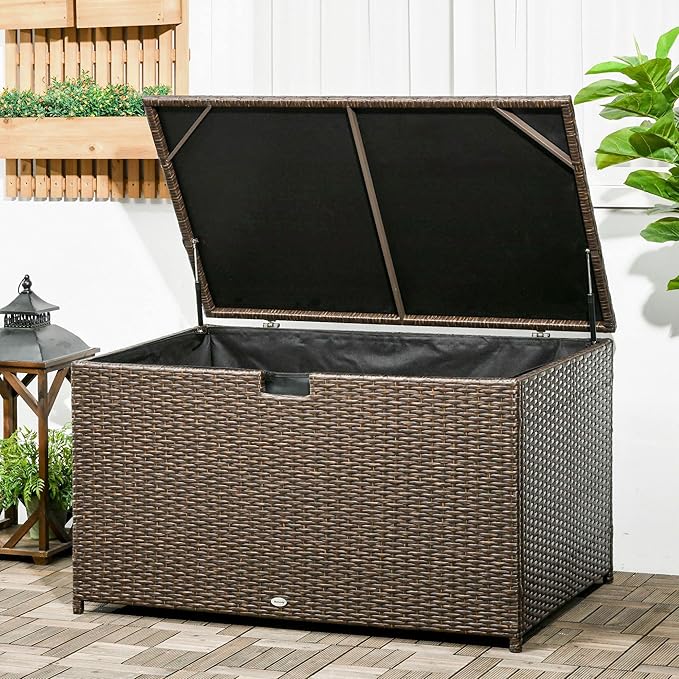 Outsunny 113 Gallon Deck Box, Rattan Outdoor Storage Box, Waterproof Storage