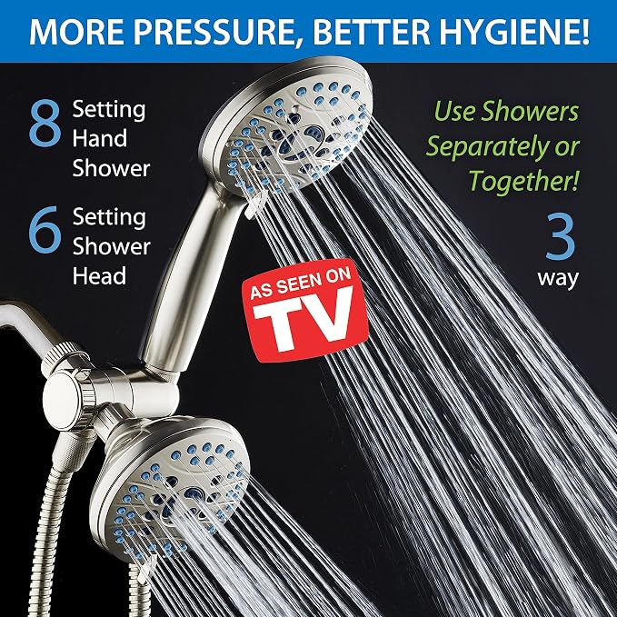 Hotel Spa AquaCare As-Seen-On-TV High Pressure 48-setting Rain & Handheld 3-way Shower Head Combo - Anti-clog Nozzles/Tub, Tile & Pet Power Wash/Extra Long 6 ft. Hose/Satin Nickel Finish