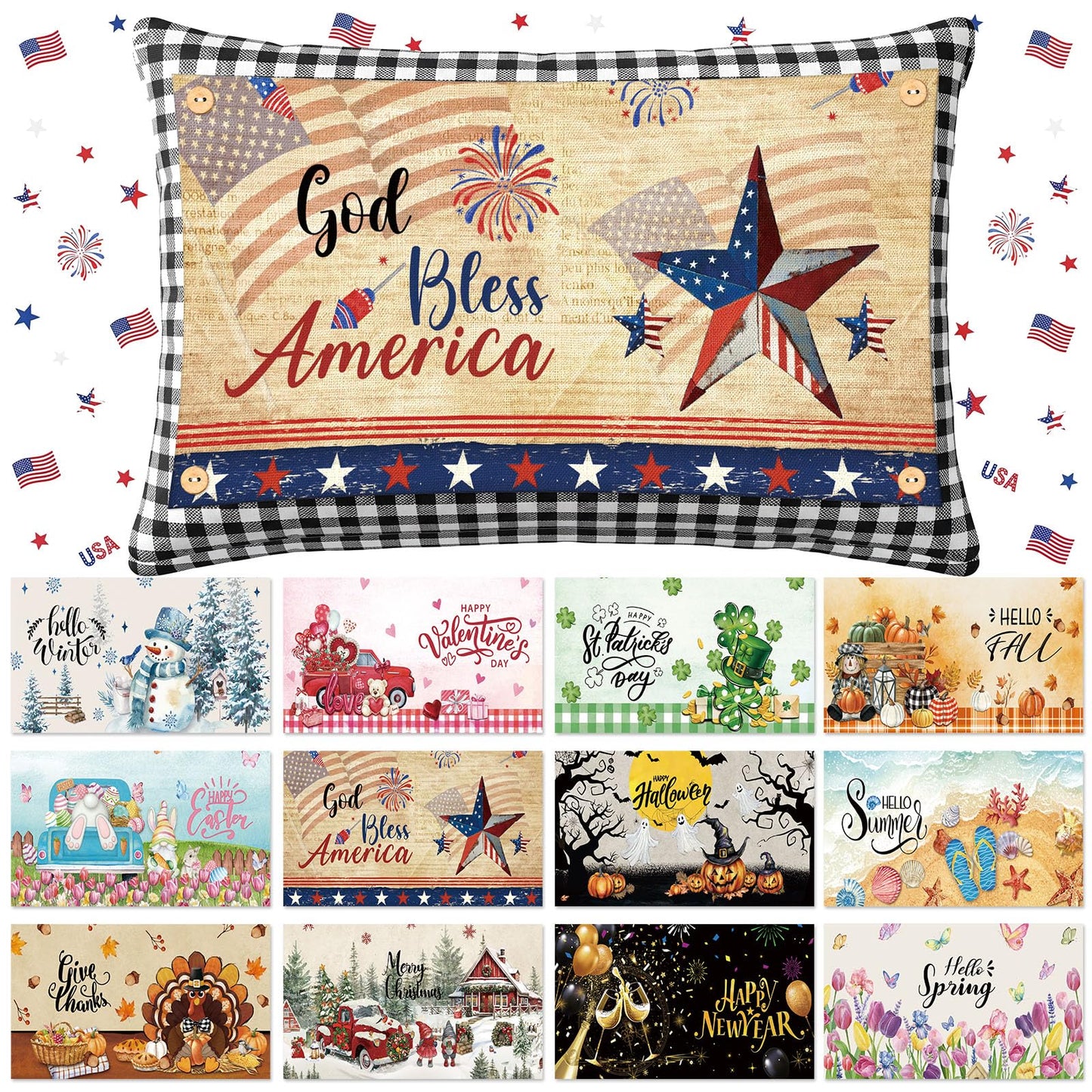 Chicplaid 4th of July Throw Pillow Cover Set 12 x 20 Inch Rectangle Seasonal Holiday Plaid Pillowcase with 12 Interchangeable Pillow Panels Patriotic Lumbar Cushion Cover for Home Decor(Classic)