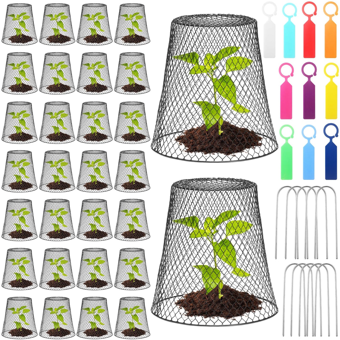 Geosar 30 Pcs 9 Inch Chicken Wire Cloche Plant Protector Cover Metal Garden Cloche Netting Protection Cages Vegetables Flowers with Garden Stakes Avoiding Chicken Rabbit Squirrels Birds (Black)