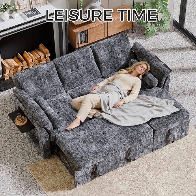 Convertible Sleeper Sofa Bed, 63 Inch Chenille Pull Out Couch