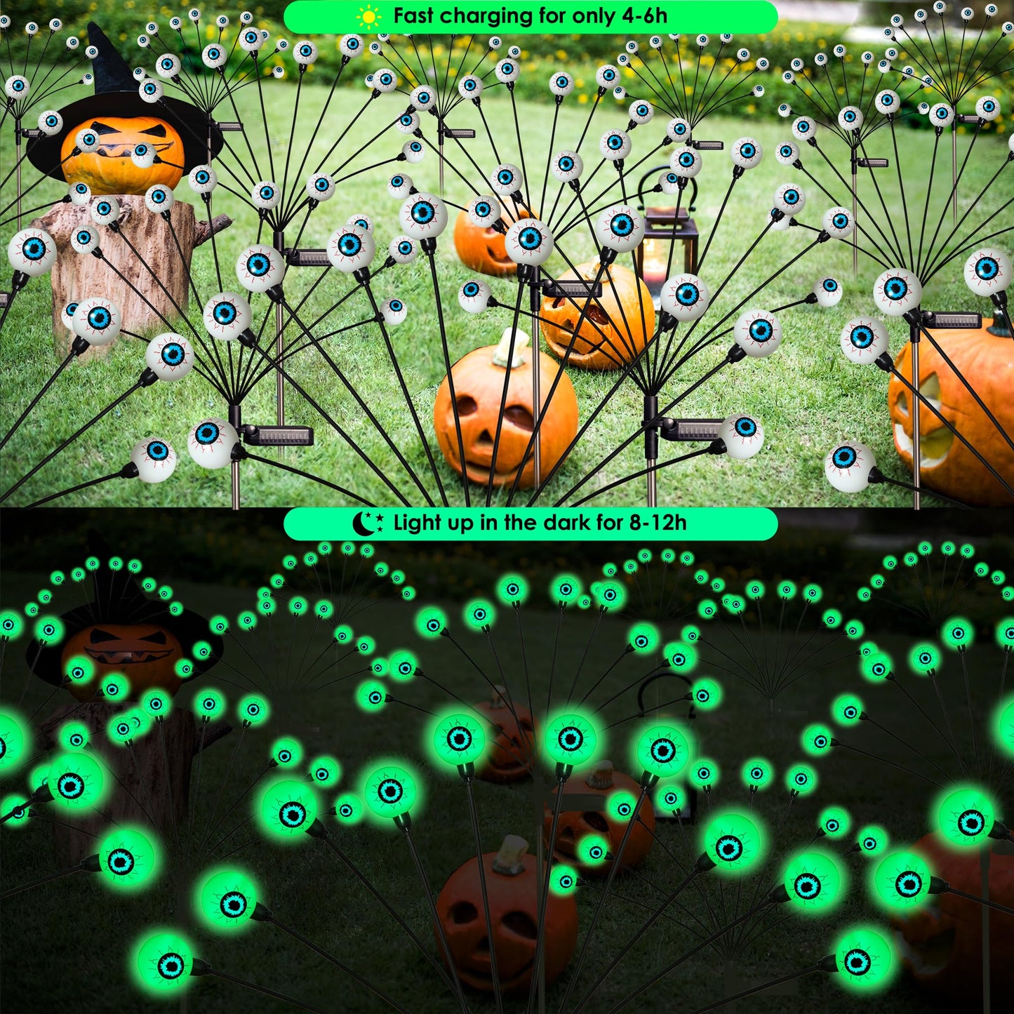 Halloween Decorations, 4 Pack 40LED Solar Halloween Lights Outdoor Scary Eyeball Waterproof Halloween Solar Garden Lights Swaying Firefly Lights for Yard Garden Patio Party Decor Green