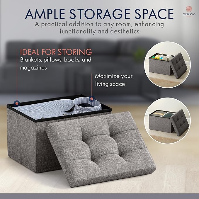 Ornavo Home Small Storage Ottoman, Foldable Collapsible Rectangle Linen Ottoman