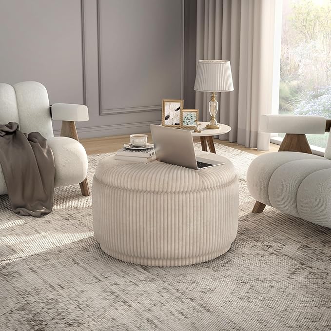 Furniture of America Lennox Modern Chenille 29-inch Round Storage Ottoman