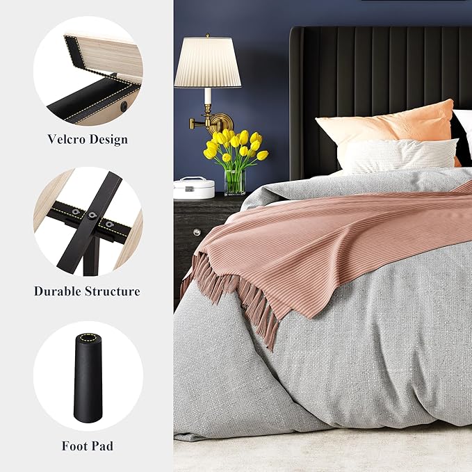 Allewie King Size Velvet Bed Frame/Vertical Channel Tufted Wingback