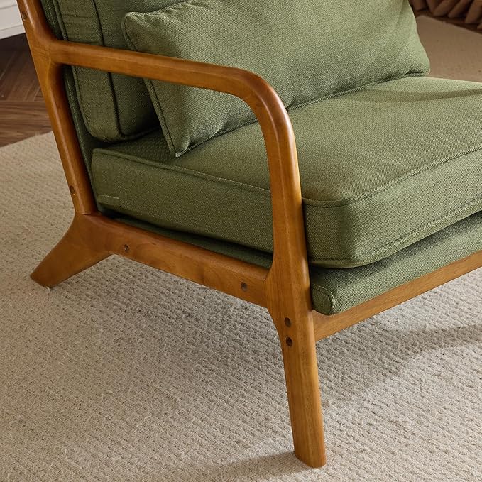 Bonnlo Dark Green Linen Mid Century Modern Accent Chair, Soild Wood Padding