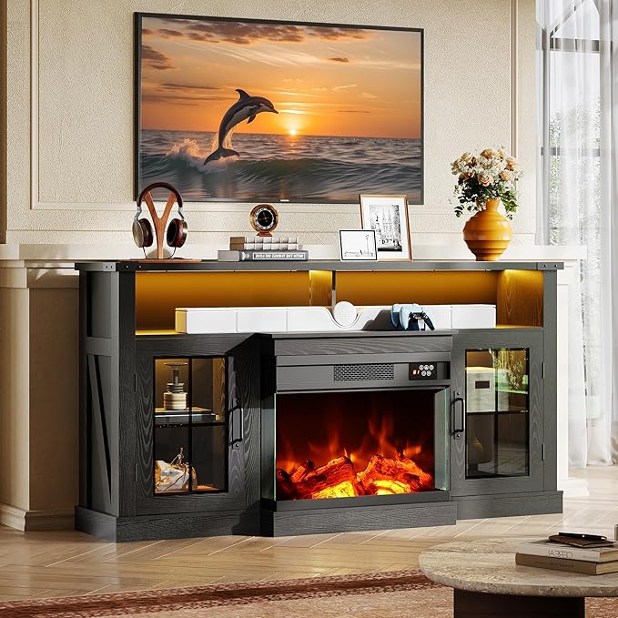 WLIVE 3-Sided Glass Electric Fireplace TV Stand