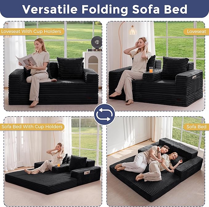 MAXYOYO Loveseat Sofa Bed, Striped Faux Fur Foldable Floor Sofa Couch in A Box