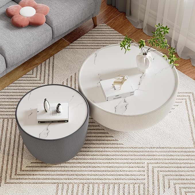 Round Marble Coffee Table Set of 2, 2 Piece White Coffee Table and End Table