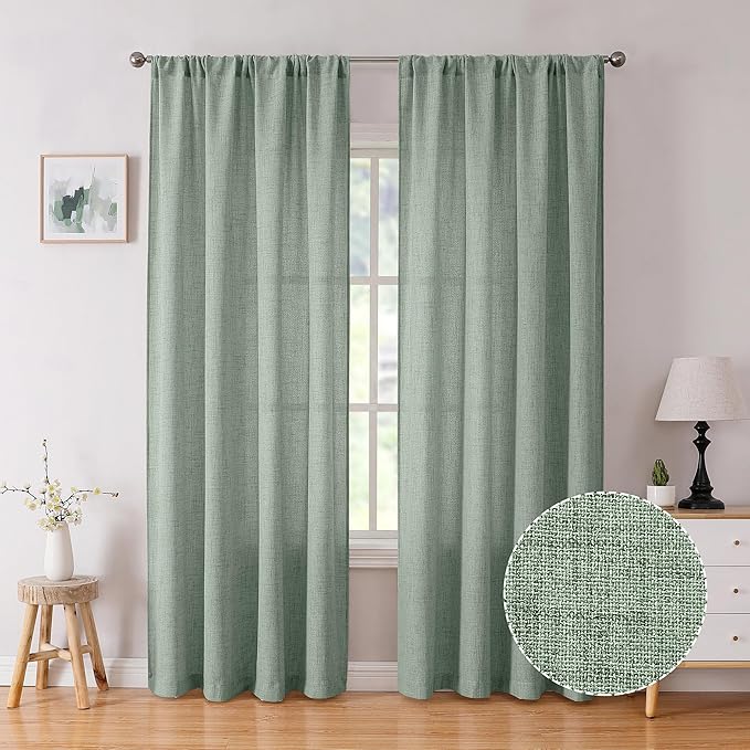 Tollpiz Linen Curtain Bedroom Rod Pocket Semi Sheer Curtains Burlap Light Filtering Thick Linen Drape for Living Room, 38 x 84 inches Long, Sage Green, Set of 2 Panels