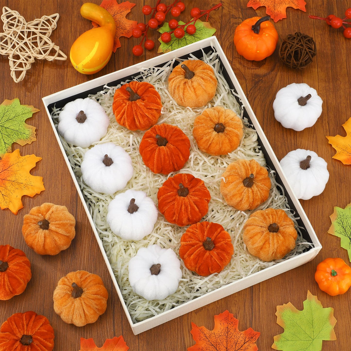 18 Pcs Fall Artificial Velvet Pumpkins Fake Fabric Pumpkin Faux Foam Pumpkins Orange Yellow White Artificial Pumpkin Decorations for Fall Harvest Thanksgiving Halloween Farmhouse Table Centerpiece