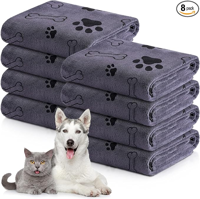 Chumia 8 Pcs Dog Towels for Drying Dogs Cats Pet Towels Bulk Puppy Microfiber Fast Drying Paw Bath Bathing Supplies Absorbent for Medium Pets(40 x 24 Inch,Dog Paw and Bone,Gray)
