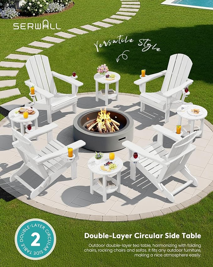 SERWALL Round Outdoor Side Table Set of 2, HDPE Small Adirondack Double End