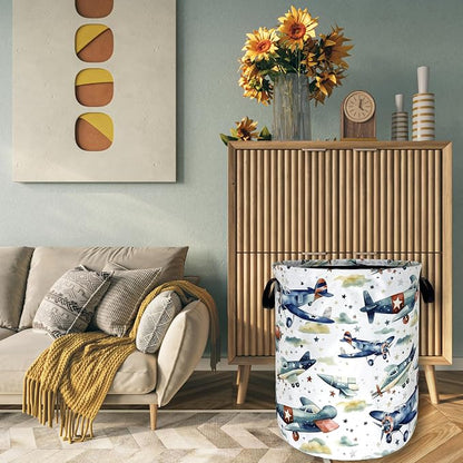 Watercolor Plane Laundry Basket Foldable Cartoon Laundry Hamper Oxford Cloth Plane Printed Colorful Tote Bag Clothes Toy Storage Bucket For Bathroom/Laundry Storage/Bedroom 18.9x16.5 Inch