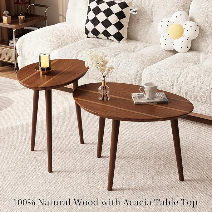 Small Oval Coffee Tables Set, Acacia Wood Nesting Tables（25.6"x17.7"+17.7"x13.4"