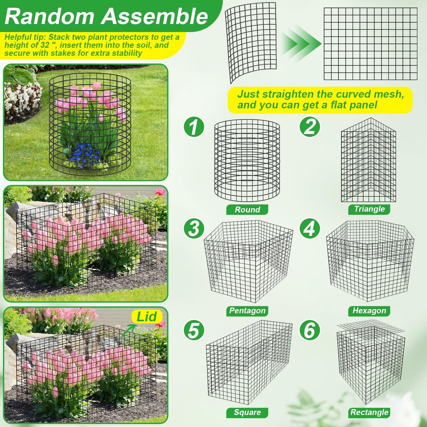 6 Pack Plant Protector from Animals,16" x 12" Wire Garden Plant Protectors,18pcs Pre-Bent Metal Mesh Plant Protectors with Zip Tie and Stake, Garden Plant Cage for Flower Vegetable to Keep Animals Out