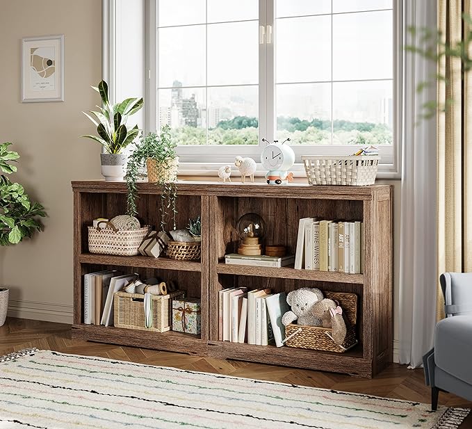 LINSY HOME 2-Tier Bookcase and Bookshelf, Small Wood Display Storage Shelves
