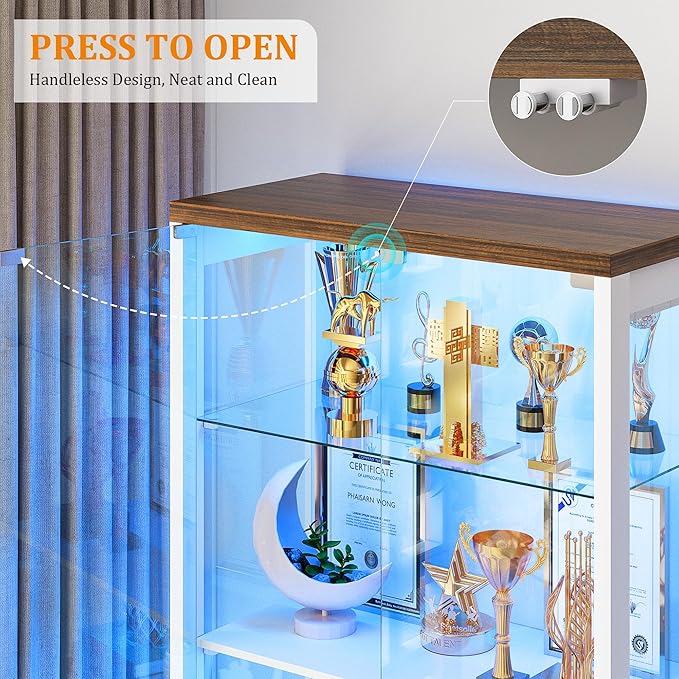 FREDEES Display Cabinet with Glass Doors, Tall Bookcase with 3 Color Lights and