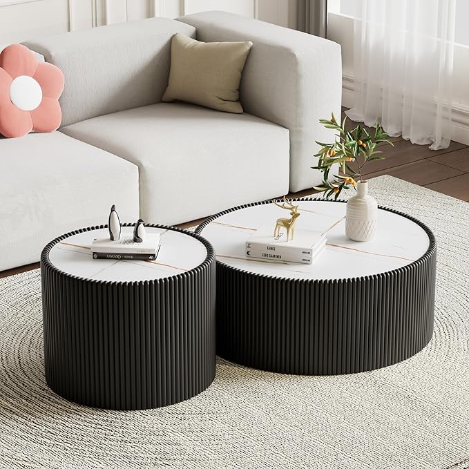 SSLine Round Drum Coffee Table Modern Sintered Stone Top Side End Table in