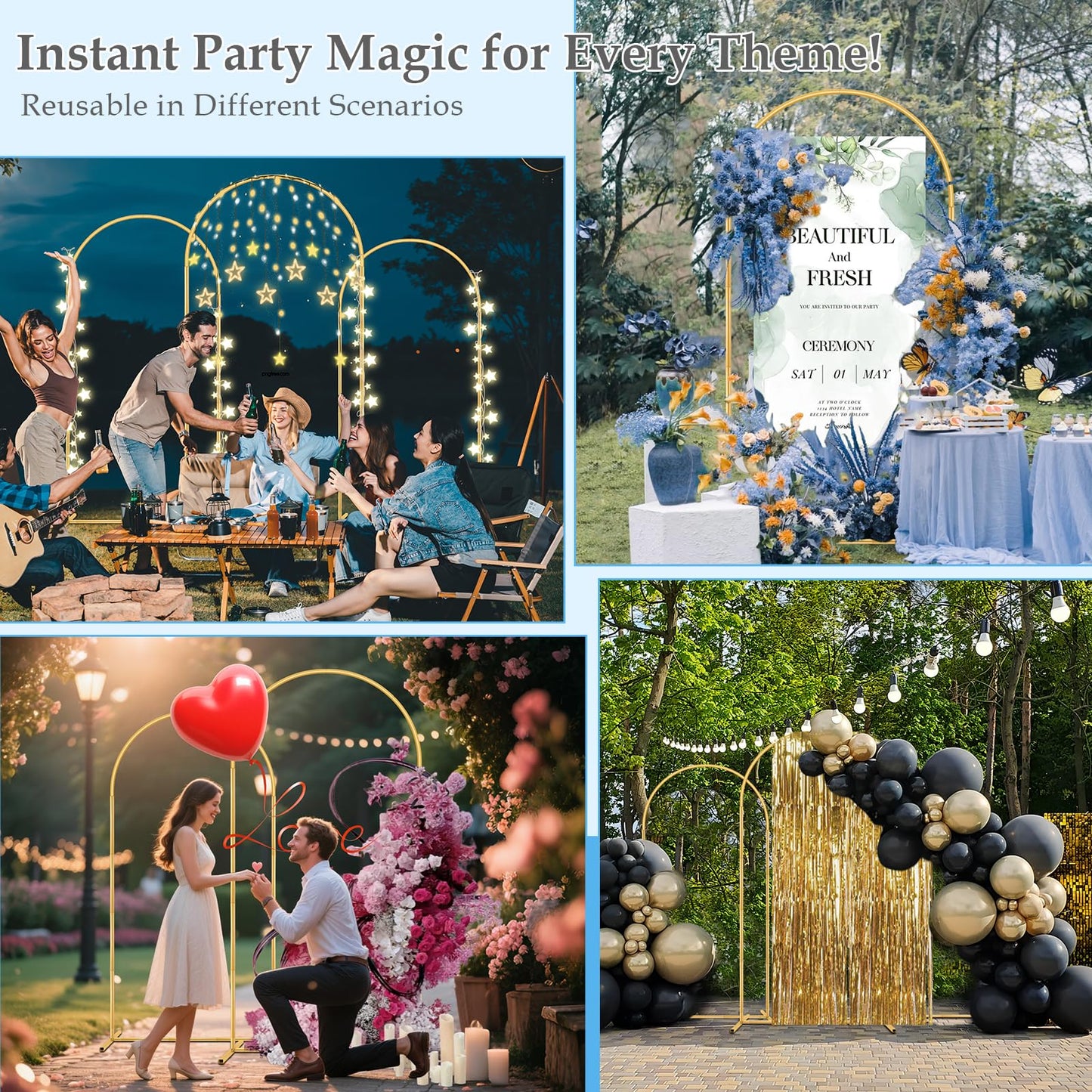 Antizz Arch Backdrop Stand,7.2FT, 6.6FT, 6FT Set of 3 Metal Gold Balloon Arch Stand Kit Wedding Arch Stand for Baby Shower Birthday Party Event Decoration Garden Floral Balloon Arch with Base