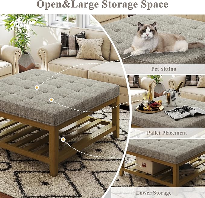 Befurtori Large Square Ottoman Coffee Table, Linen Solid Upholstered Footrest