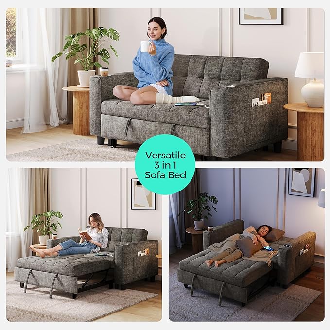 LINSY 54" Pull Out Couch with Charging Station, Small Sleeper Sofa Bed with Cup