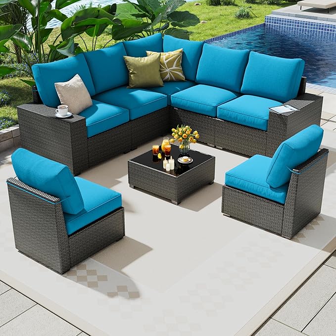 8 Piece Outdoor Patio Furniture Set, Outdoor Sectional Furniture, Rattan &