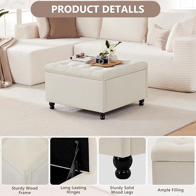 Weture 30 Inch Large Square Storage Ottoman Coffee Table, Oversized Square