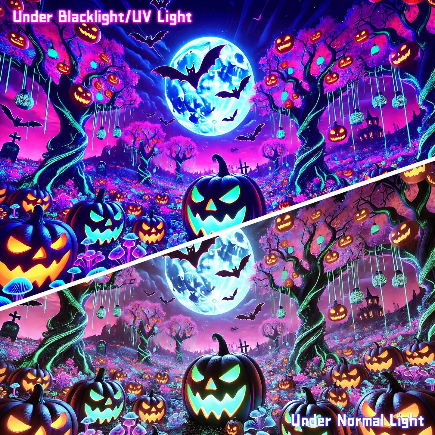 AOHMPT Glow-in-the-Dark Halloween Tapestry - UV Reactive Black Light Wall Hanging Decor for Spooky Parties, Bedroom, Living Room (Pumpkin-Bat, 79L x 59W, Unframed)