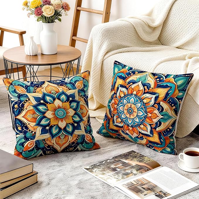 OBSEDE Boho Mandala Throw Pillow Covers Set of 4, 18x18 Inch Blue and Orange