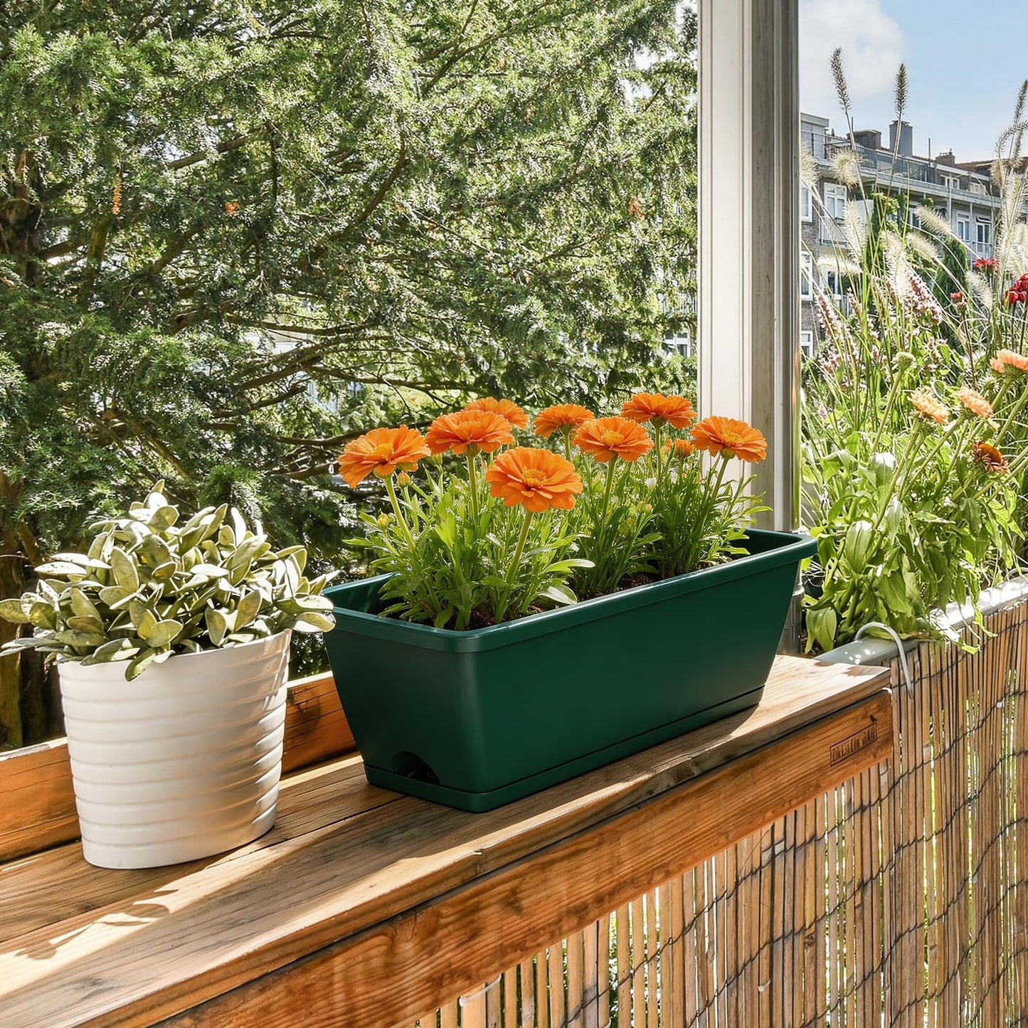 FANSXIVITA Balcony Planters Railing Hanging, Deck Railings Planter Boxes 16.9in, Railing Planter Box, Deck Planters for Railings, Railing Flower Box with Metal Brackets, Black Green