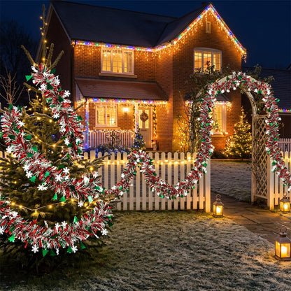 50 Feet Green Red Christmas Metallic Tinsel Twist Hanging Garland with Snowflake Xmas Tree for Home Mantle Xmas Tree Staircase Railing New Year Holiday Party Indoor Outdoor Decorations