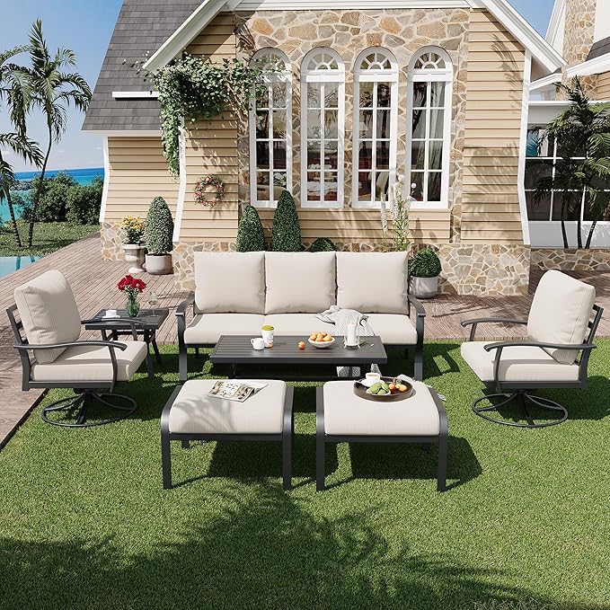 HOMREST Patio Furniture Sets 7 PCS Outdoor Metal Conversation Sets, 360 Degree