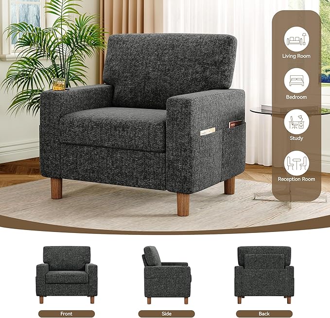 Mid Century Modern Accent Chairs Set of 2, Chenille Comfy Living Room Arm Chairs