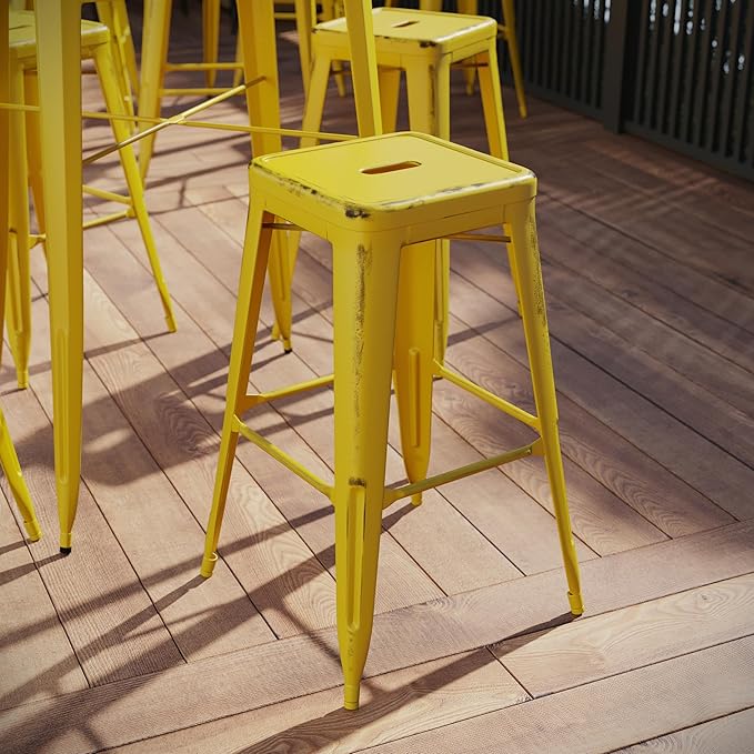 Flash Furniture Kai Commercial Grade 30" High Backless Distressed Yellow Metal