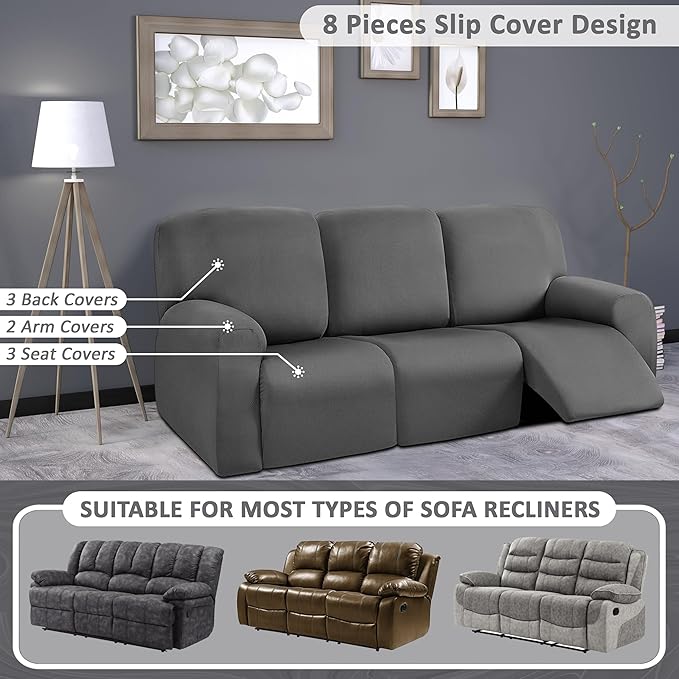 ULTICOR 8-Pieces Recliner Sofa Covers, Yarn Dyed Stretch Reclining Couch Covers