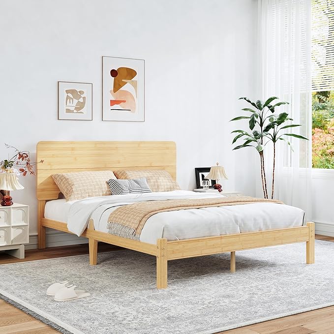 BOSRII 12in High Solid Bamboo Wood Platform Full Size Bed Frame