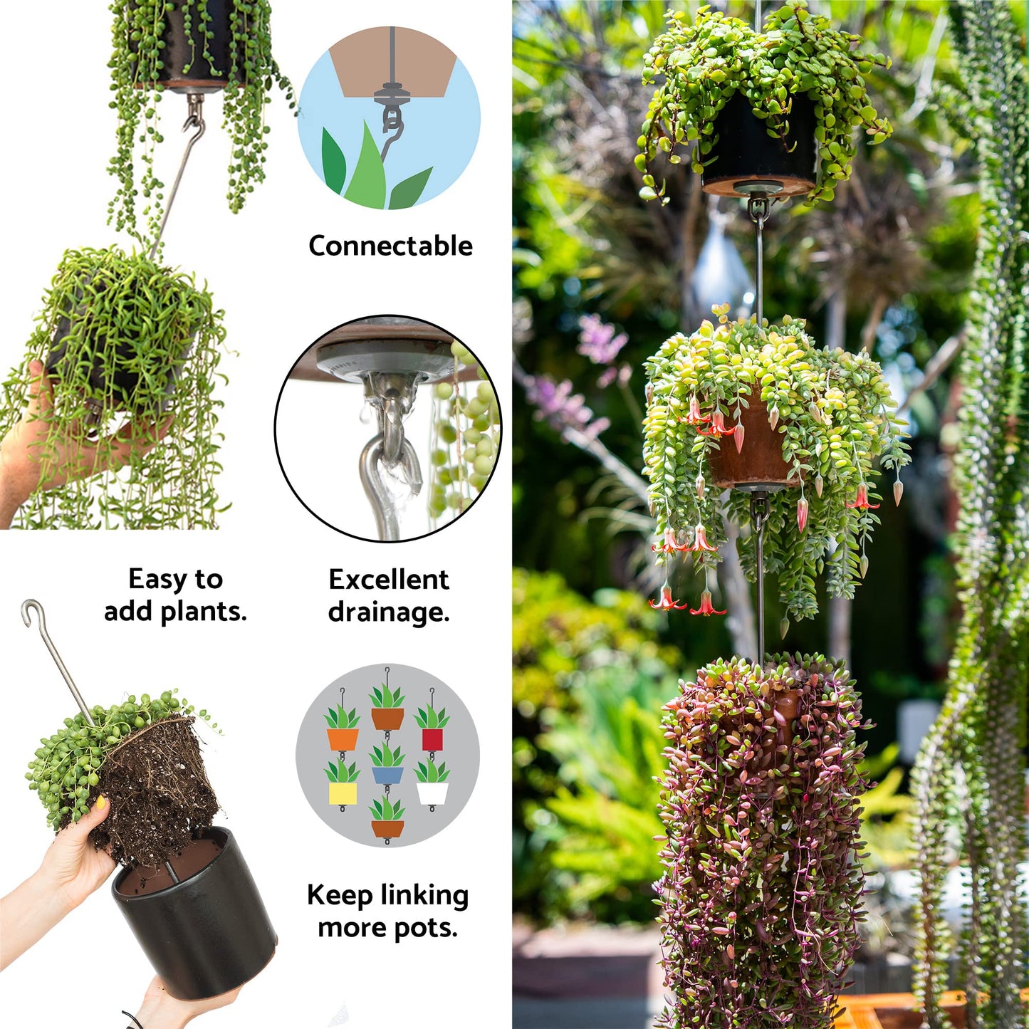 SkyPots — Three Pack, Pot Hanger Kits + Accessories - Hang and Connect Your Clay Pots, Stainless Steel - Indoor Outdoor - Connectable Hanging Planter Vertical Garden w/Drainage for Healthy Plants