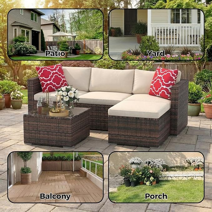 5-Piece L-Shaped Outdoor Patio Furniture Set, PE Wicker Sectional Sofa Set